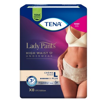 TENA Lady Pants Plus - Дискретно бельо за жени с висока талия, цвят Кремав, Размер L, 8 бр./опак.
